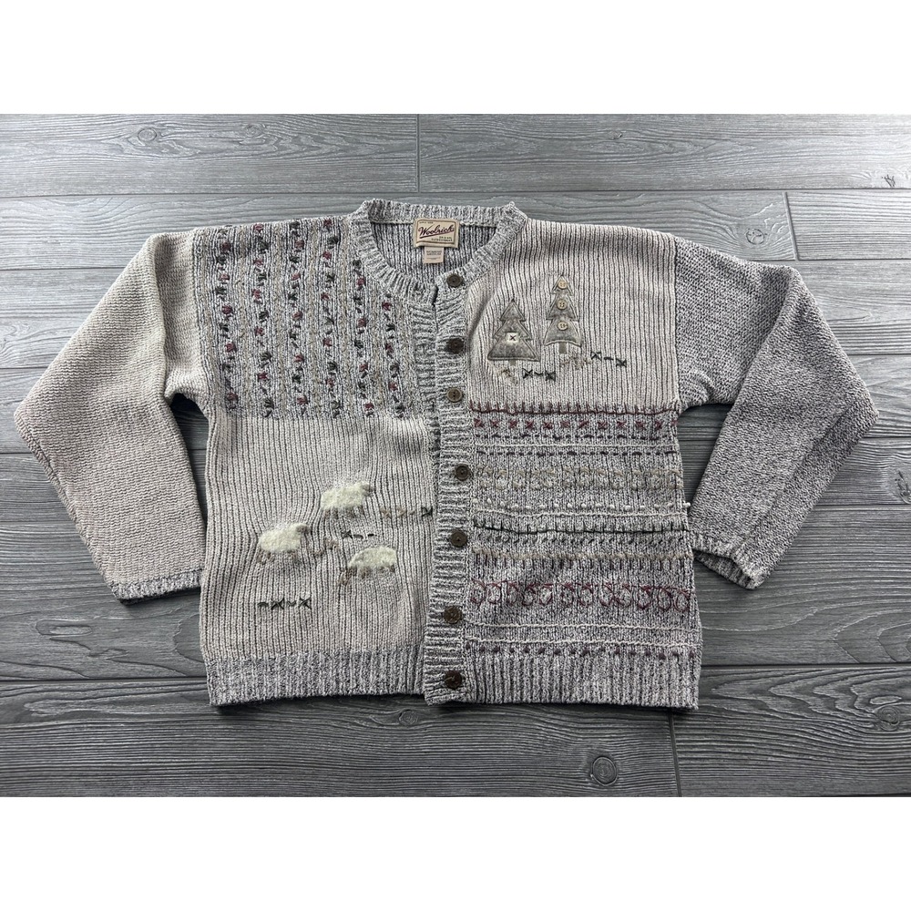 Woolrich Vintage Sheep Pine Tree Patchwork Knit Cardigan Sweater Womens Medium